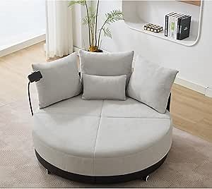 Oversized Round Swivel Chair, 360° Accent Barrel Chair with Phone Holder, Modern Chaise Lounge Chair Indoor, Comfy Deep Seat Circle Single Sofa Chair for Living Room, Bedroom, Grey