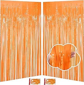 Thanksgiving Decorations Orange Streamers Fringe Backdrop 3.3x8.2ft, 2 Pack Foil Fringe Curtains for Basketball Birthday Party Decorations, Wall Door Decor Tinsel Backdrop for Halloween Bachelorette