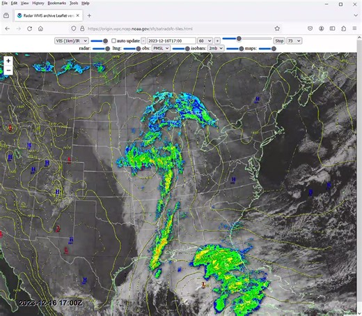 This is an animation of the anomalously deep cyclone that has brought various types of impactful weather including heavy rain, severe weather, and up to 60 mph wind gusts up and down the East Coast over the past couple of days. Preliminary data showed that the cyclone established new December record low sea-level pressure across northern Florida and some locations along the Atlantic coast. Record warm temperatures are also expected this afternoon across the Northeast. WPC is issuing Storm Summar