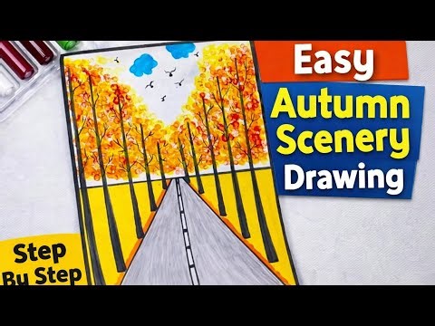 🎨Beautiful Roadside Autumn drawing tutorial 🍁