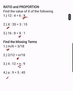 18K views · 2.6K reactions | RATIO and PROPORTION Find the value of X of the following 1.) 12 : 4 = 6 : X 2.) X : 20 = 3 : 15 3.) 16 : 8 = X : 1 Find the Missing Terms 1.) m/6 = 3/18 2.) 2/12 = n/18 3.) 4 : 12 = n : 9 4.) a : 9 = 5 : 45 | Free Reviewers with Leonalyn | Facebook