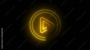 Play button icon neon glowing yellow animation on a black background. neon music play button icon animation.