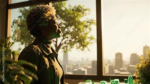 Person touches hologram on table near window. The person manipulates model while digital grid appears. Visual icons surround hologram. Light fills interior. Scene shows spatial layout and massing.