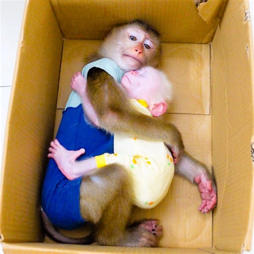 Omg because mommy busy monkeys Pupu takes care hug baby monkey Poki each other and sleep in a cardboard box | Family Monkey Vola