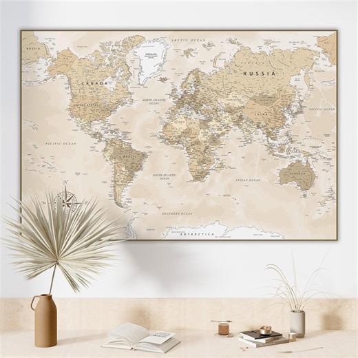 Beige World Map Printable – Detailed Political Map - Neutral Travel Map With Countries & Cities | Poster Wall Art (digital Download) - Etsy