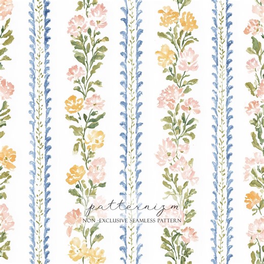 Blue Floral Stripe Seamless Pattern – Watercolor White Blossoms Vertical Border Repeat, Classic Preppy Fabric Print - Etsy