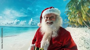 Smiling Santa Claus on Tropical Beach Holiday Scene with Palm Trees and Ocean Views for Joyful Summer Experience