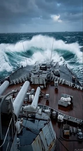 HMS Vanguard Digging Her Nose into a Huge Wave – Denmark Strait