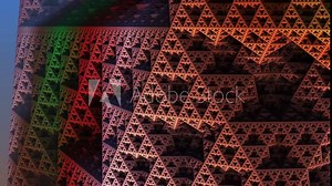 Animated Representation of a three dimensional Mandelbrot set, 3D, green yellow red blue triangles girders, fly through and 180 degree spin