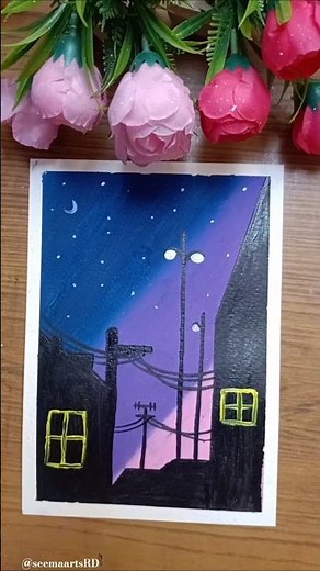 Easy Night Scenery Drawing 🌙 | Street Light Painting for Beginners | Aesthetic Sky Art✨ step by step