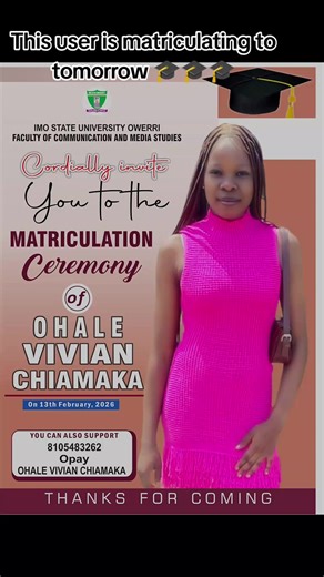 matriculation ceremony 2026 with a grateful heart, officially begin my journey at imo state university 13 February 2026 mark's the start of a new chapter filled with growth, learning and success thanks you and everyone supporting me on this journey your prayers and love means everything to me #imsu #vinasbby❤️ #success