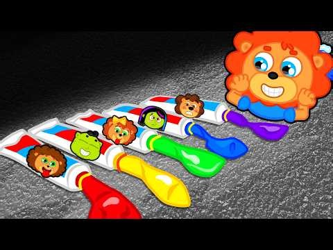 Família Leão Português | Bolas com pasta de dente colorida | Vídeo para crianças | Desenhos Animados