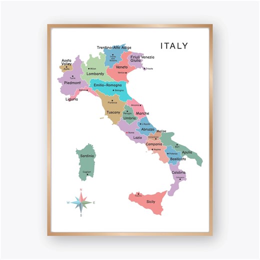 Mapa de Italia con regiones y capitales, póster educativo de geografía para el aula infantil, mapa de Italia imprimible para la educación en casa. - Etsy España