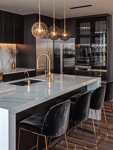 Transform your kitchen island into a glamorous focal point with black velvet bar stools featuring elegant gold legs and brushed gold accents. A simple seating upgrade can completely elevate a modern kitchen without requiring a full renovation. Black velvet counter stools add softness, depth, and quiet luxury, while the gold metal frame introduces warmth and sophistication. Pair black velvet high chairs with brushed gold kitchen faucets, gold cabinet hardware, and warm brass lighting to create a 