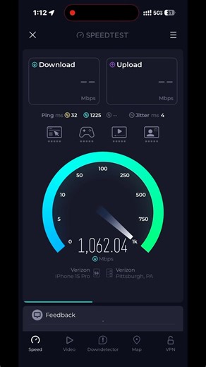 Verizon 5G Ultra Wide Speed Test ￼