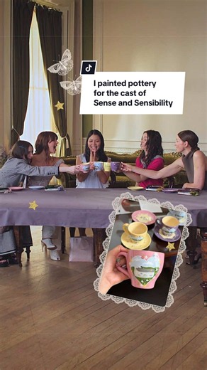The sweetest reactions from the Dashwood family! 🐑🌳⭐️ Sense and Sensibility comes out October 16th! I can’t wait for you guys to fall in love with this family!! and I can’t believe I painted pottery for the cast of Sense and Sensibility! Inspo for the teacups @sylviepottery on IG! 💗🐑 I’ve been such a fan of her work especially her little sheep! And sheep remind me so so much of Sense and Sensibility so I just had to paint some sheep in a heart with the Barton Cottage as the back drop! #sense