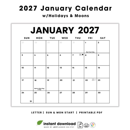 January 2027 Monthly Calendar W/holidays   Moons: Minimalist Planner (printable PDF, Digital Download, Sunday/monday Start) | Landscape Ltr - Etsy