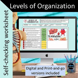 Levels of Organization Self Checking Worksheet with 4 versions