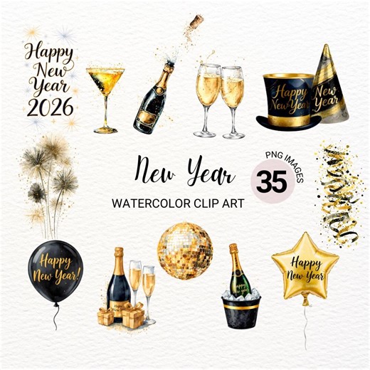 Black & Gold Happy New Year 2026| PNG Bundle | Luxury Watercolor Clipart | Champagne Fireworks Party Decor | Commercial Use | Printable - Etsy