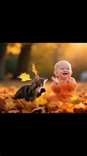 Baby & Cat Rolling In Autumn Leaves
