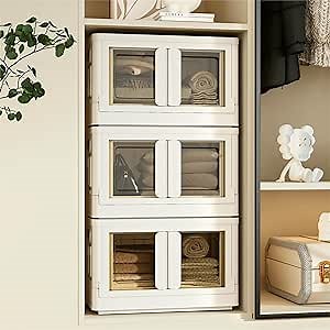 Softa Stackable Storage Bins With Lids, Collapsible Plastic Storage Bins with Doors and Wheels, Folding Closet Organizers and Storage Containers for Home Dorm Essentials, White, 110 QT - 3 Pack