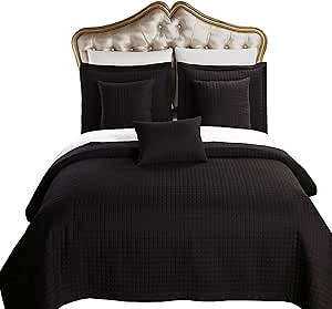 Royal Hotel Bedding Twin Extra Long Size Coverlet 2pc Set, Luxury Microfiber Checkered Quilted, Twin XL Bedspread Cover, Black