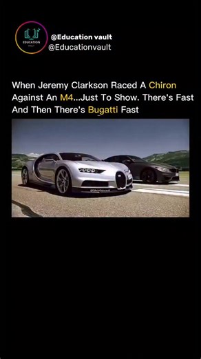 MY EDUCATION VAULT on Instagram: "There’s fast. And then there’s Bugatti fast. In this test, Jeremy Clarkson lined up a BMW M4, one of the most capable performance sedans on Earth, against a Bugatti Chiron, a 1,500-horsepower engineering masterpiece capable of hitting 261 mph. While the M4’s twin-turbo inline-six produces around 500 horsepower and reaches 0–60 mph in about 3.8 seconds, the Chiron nearly doubles the power, achieving the same sprint in 2.3 seconds and covering a quarter mile befor