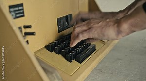 A man is typing text on an old electronic typewriter Stock Video