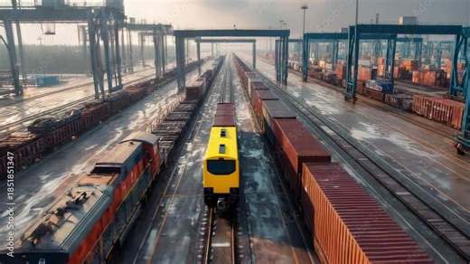Expansive freight train yard with multiple tracks and cargo containers under cranes