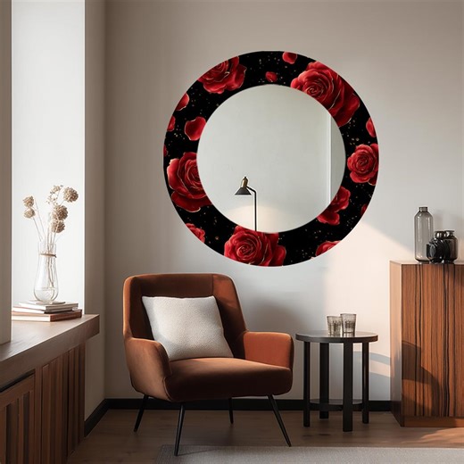 Red Rose Round Mirror Frame, Black Luxury Floral Wall Mirror Decor, Gold Dust Elegant Bathroom Vanity Mirror, Romantic Modern Home Accent - Etsy