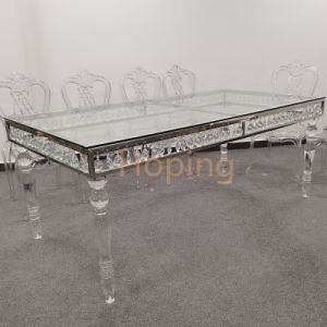 [Hot Item] Modern Square Dining Table with Acrylic Legs and Stainless Steel Top Frame for Living Room Restaurant Wedding Banquet