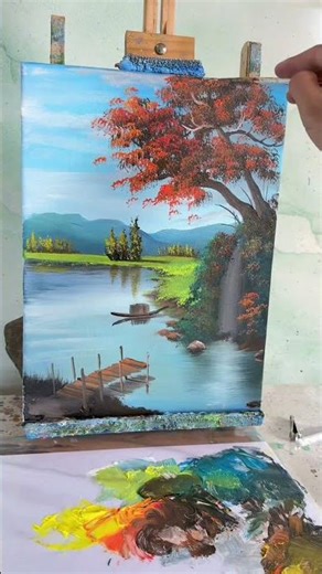 061- Autumn Waterfall Painting | River and Boat Acrylic Speed Art | Treeflow Art