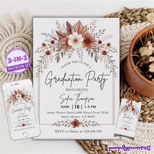Boho Pampas Grass Graduation Party Invitation Template Set Burnt Orange Floral High School College Grad Invite Bundle DIY - Etsy