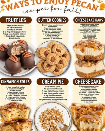 Fall pecans = pure perfection 😍 Try these delicious ways to enjoy pecan recipes all season long! 🍂✨ Ingredients 🍂 Truffles 1 cup pecan halves, plus chopped pecans for garnish 14 ounces sweetened condensed milk 1 ½ tablespoon all-purpose flour ½ teaspoon pure vanilla extract 2 cups dark chocolate candy melts 🍂 Butter Cookies For The Toasted Pecans: 3 tablespoons of salted sweet cream butter 1⅔ cups of chopped pecans For The Brown Butter: 1 cup of salted sweet cream butter For The Cookie Dough