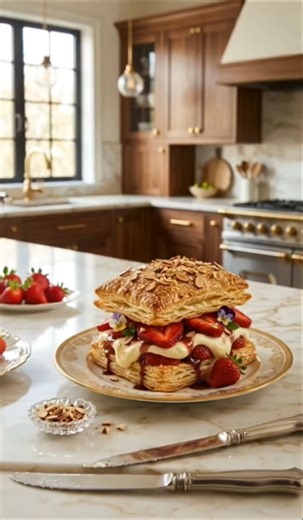 Golden Puff Pastry Filled with Creamy Strawberry Heaven 🍓🧁