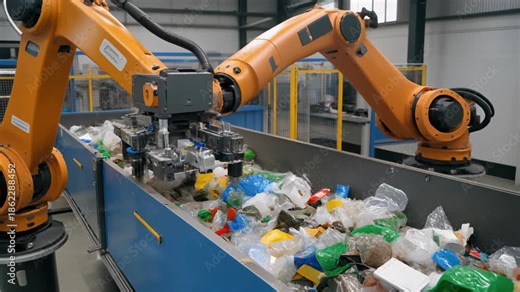 Industrial robotic arms sorting mixed plastic waste on conveyor belt in recycling facility