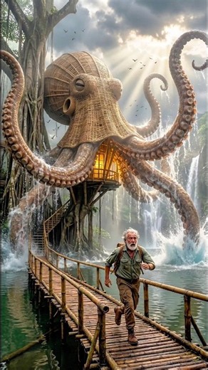 🐙 Giant Octopus Chases an Old Man Into a Secret Bamboo Mansion! 😱 #shorts