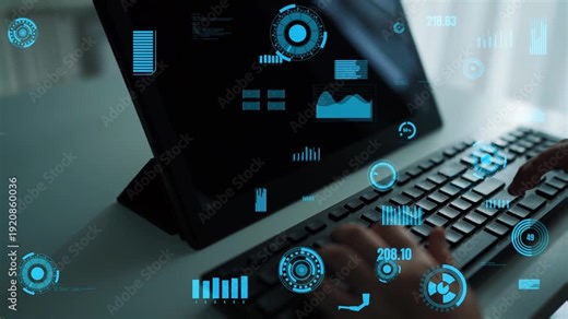 This image features a modern keyboard with hands in motion, surrounded by futuristic data visualizations, representing technology and innovation in a digital workspace. Xenic