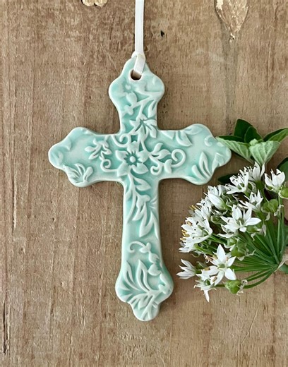 Handmade Ceramic Cross Ornament, Floral Cross, Ornament Gift, Keepsake Ornament, Baptism Gift, Religious Ornament, Christian Gift - Etsy