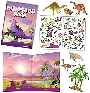 OUGERKID Dinosaur Park Stickers Book for Kids 230+Reusable Dinosaur Stickers Vinyl Waterproof DIY Dinosaur Stickers Activity Book Design Fun Dinosaur Park Scene Stickers for Boys Girls Ages 3+