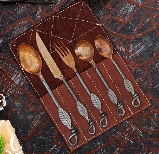 Handmade Copper Cutlery Set: Viking Medieval Style With Leather Cover - Etsy