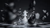 3d animation, chess game battle, white queen chess piece jumps down,...