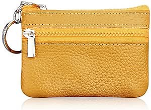 Women's Leather Small Coin Purse with Key Ring, Mini Zipper Card Holder Wallet, Yellow