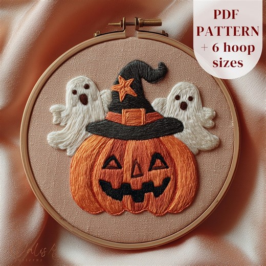 Halloween Hand Embroidery Design, Ghosts and Witchy Pumpkin Pattern, Hoop Art PDF - Etsy