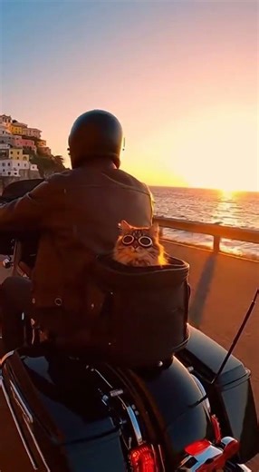 Relaxed Tabby Cat Rides Harley at Sunset: Coastal Motorcycle Adventure