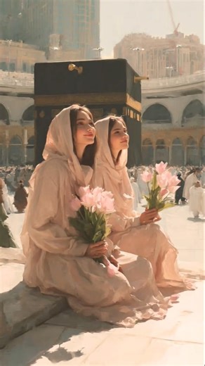 Girls with Flowers Near the Kaaba – A Beautiful Islamic Scene