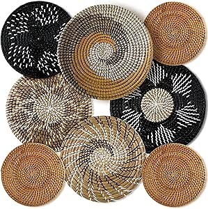 Xuhal 8 Pcs Boho Wall Basket Decor Decorative Bulrush Woven Basket Wall Decor Rustic Farmhouse Hanging Baskets for Kitchen Rustic Home Summer Decorations(Vintage)