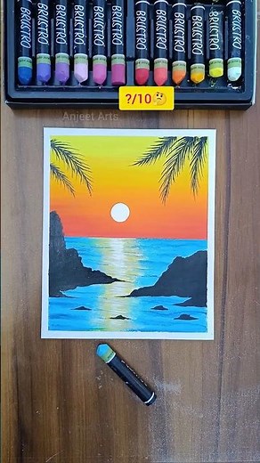 Easy Sunset Beach Scenery Drawing | Oil Pastel For Beginners #shorts