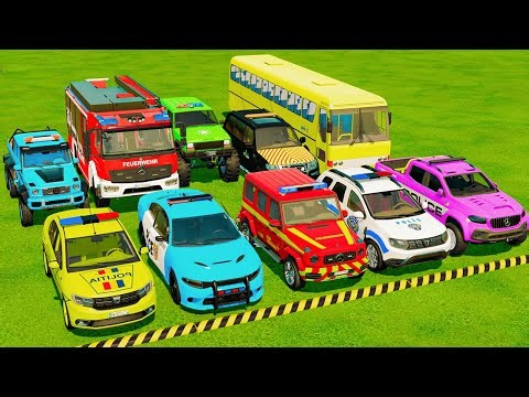 TRANSPORTING POLICE CARS, AMBULANCE, FIRE TRUCK, COLORFUL CARS WITH TRAIN ! FARMING SIMULATOR 22