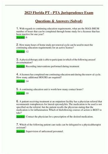 2023 Florida PT PTA Jurisprudence Exam Questions Answers Solved